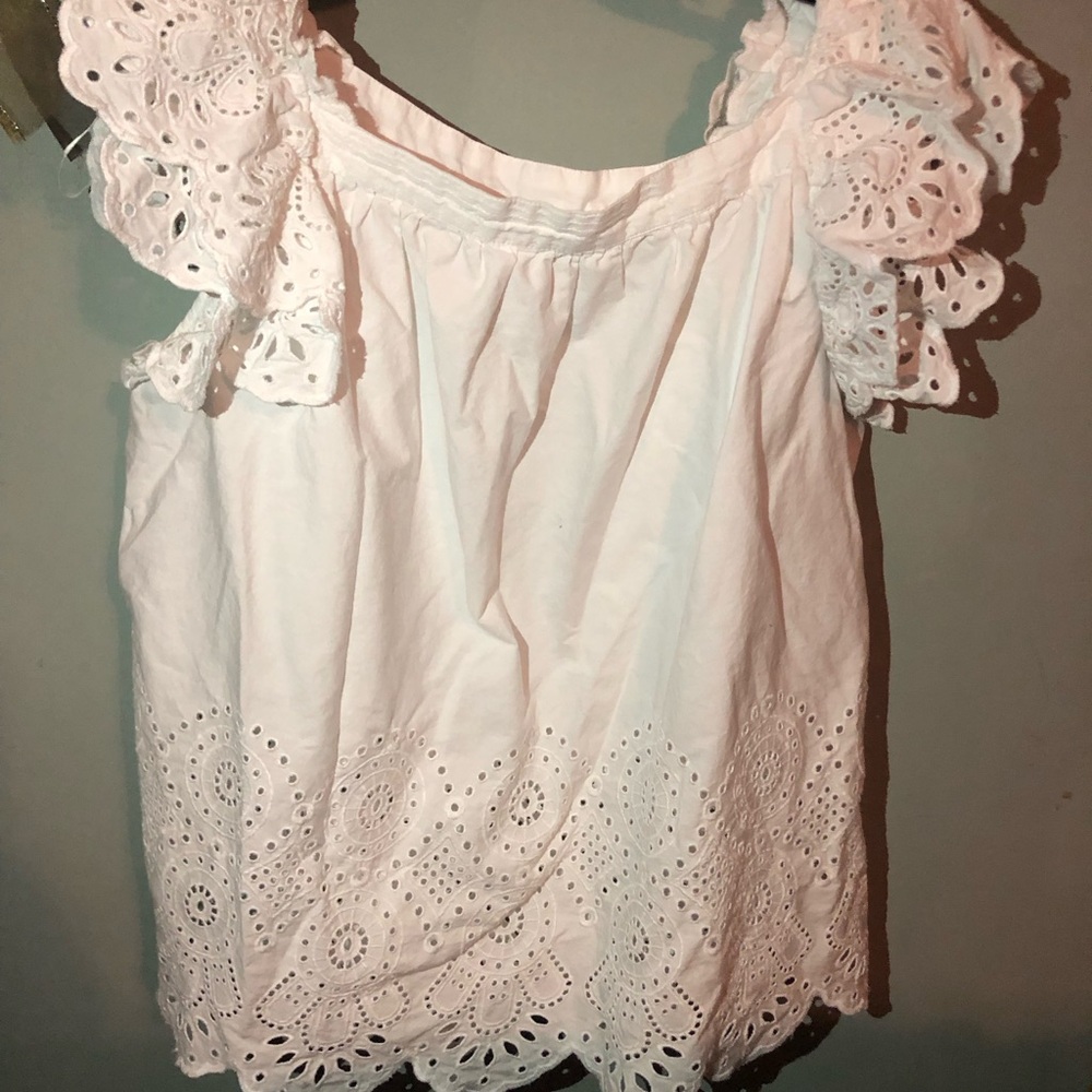White Flutter Sleeve Lace Eyelet Blouse